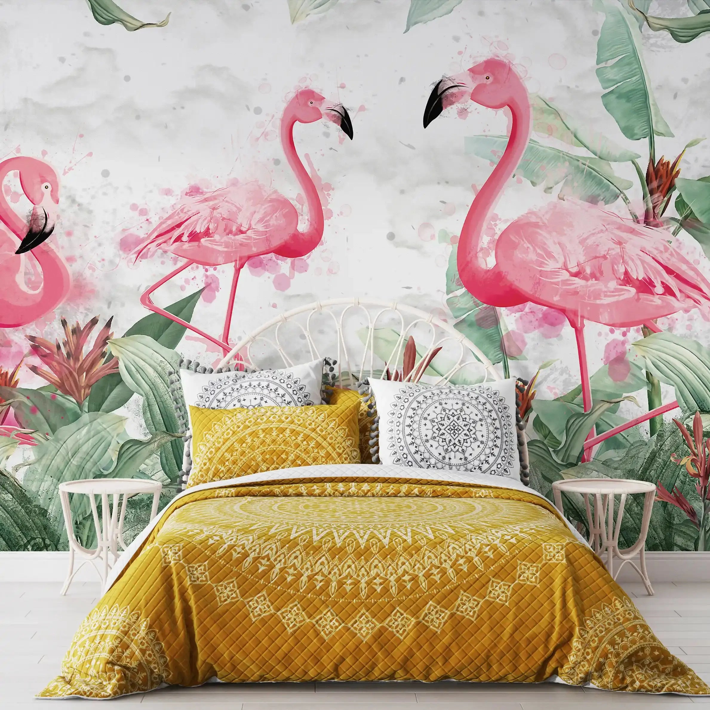 3069-A / Tropical Peel & Stick Wallpaper – Vibrant Pink Flamingo and Leaf Design for DIY Home Decor - Artevella