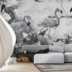 3069-E / Tropical Peel & Stick Wallpaper – Vibrant Grey Flamingo and Leaf Design for DIY Home Decor - Artevella