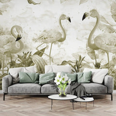 3069-F / Tropical Peel & Stick Wallpaper – Vibrant Green Flamingo and Leaf Design for DIY Home Decor - Artevella