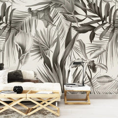 3073-E / Self-Adhesive Wall Mural, Exotic  Grey Leaves, Watercolor Botanical Wallpaper for Modern Home Decor - Artevella