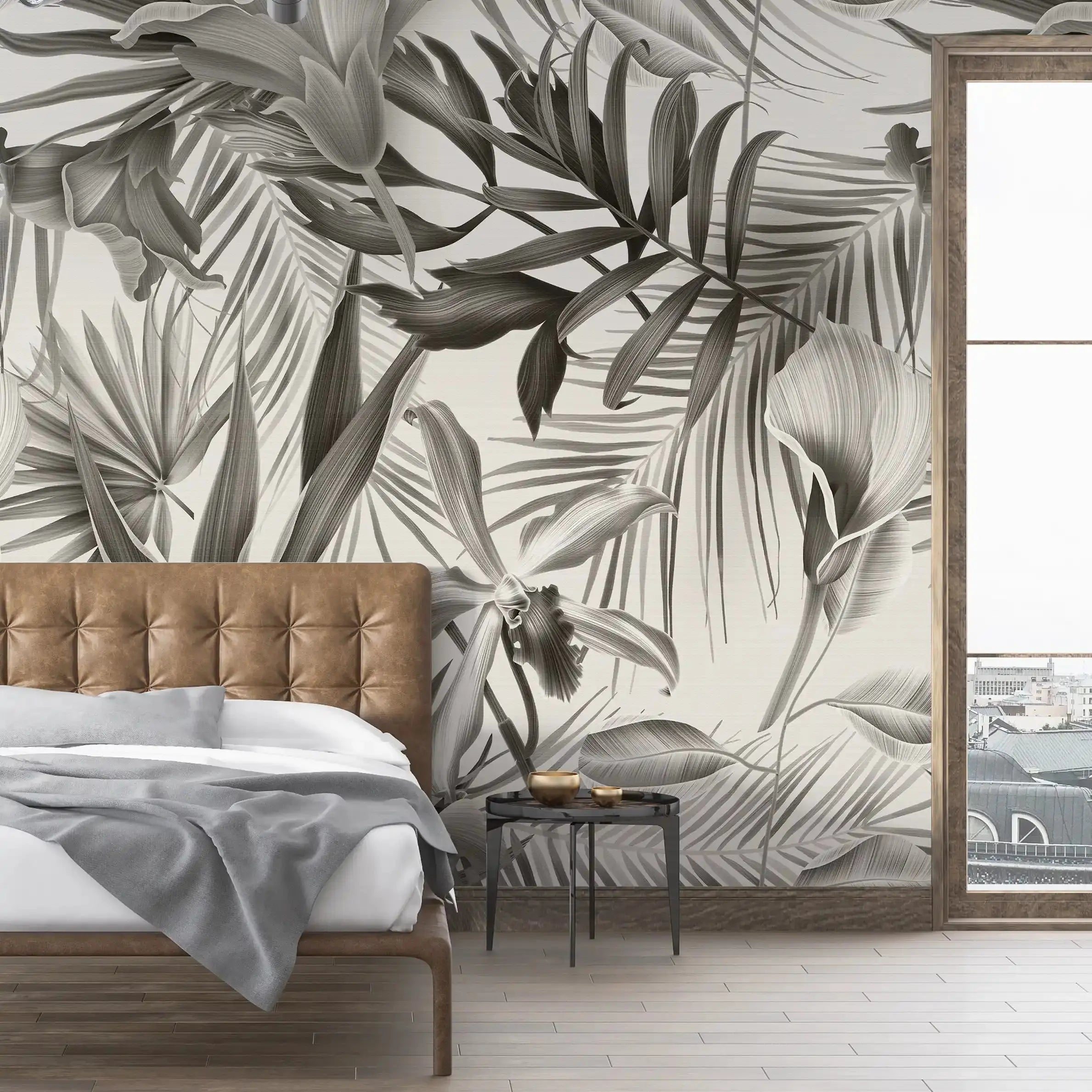 3073-E / Self-Adhesive Wall Mural, Exotic  Grey Leaves, Watercolor Botanical Wallpaper for Modern Home Decor - Artevella