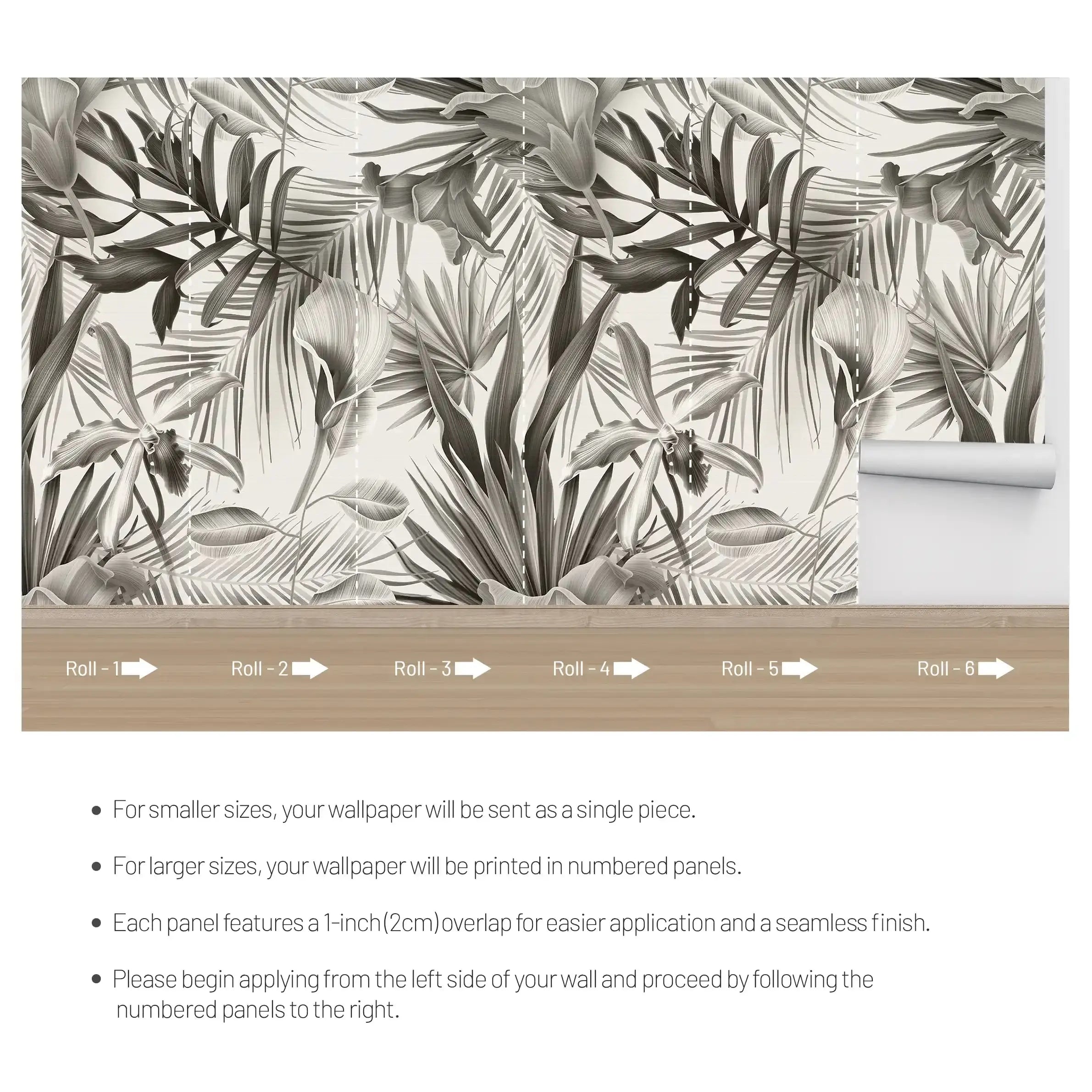 3073-E / Self-Adhesive Wall Mural, Exotic  Grey Leaves, Watercolor Botanical Wallpaper for Modern Home Decor - Artevella