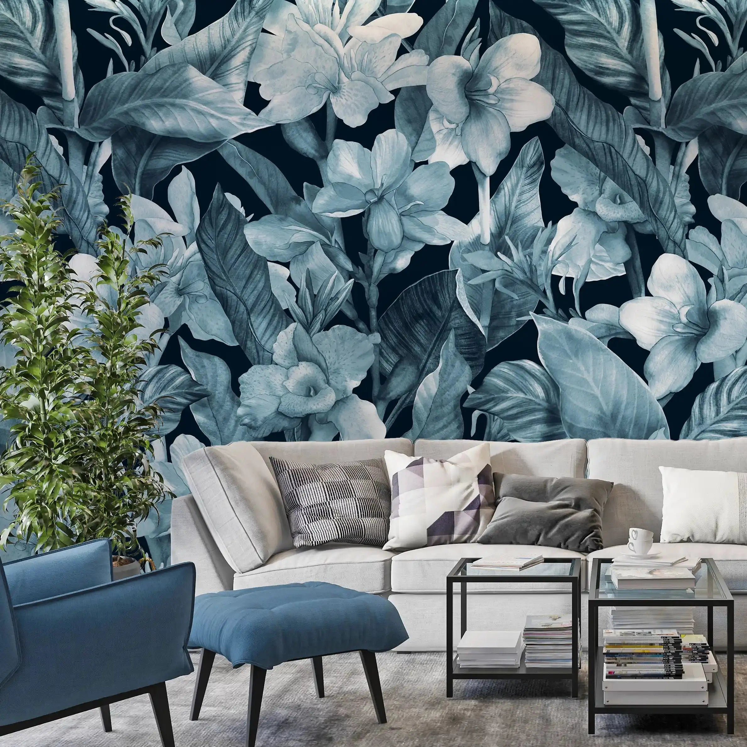 3074-B / Botanical Peel and Stick Wallpaper: Blue Floral & Black Leaf Pattern, Perfect for Accent Wall Decor - Artevella