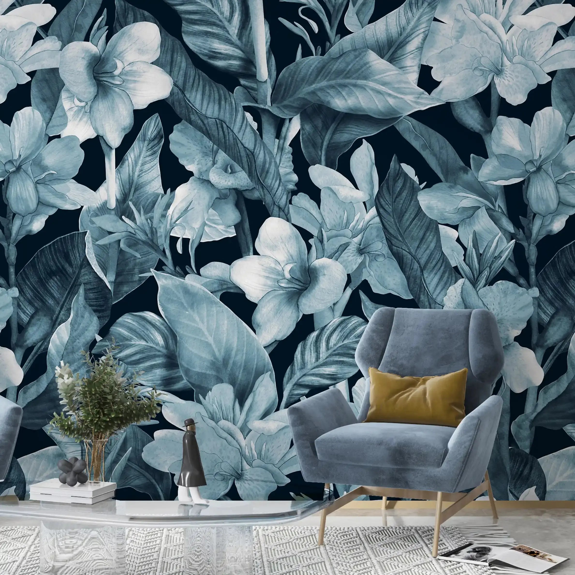 3074-B / Botanical Peel and Stick Wallpaper: Blue Floral & Black Leaf Pattern, Perfect for Accent Wall Decor - Artevella