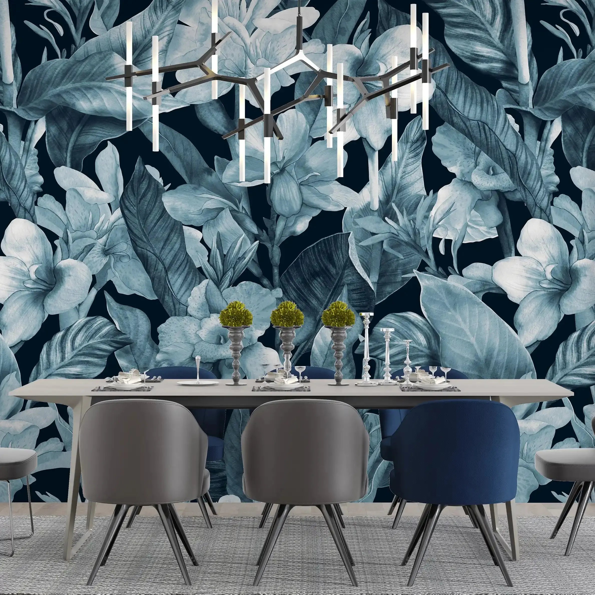 3074-B / Botanical Peel and Stick Wallpaper: Blue Floral & Black Leaf Pattern, Perfect for Accent Wall Decor - Artevella