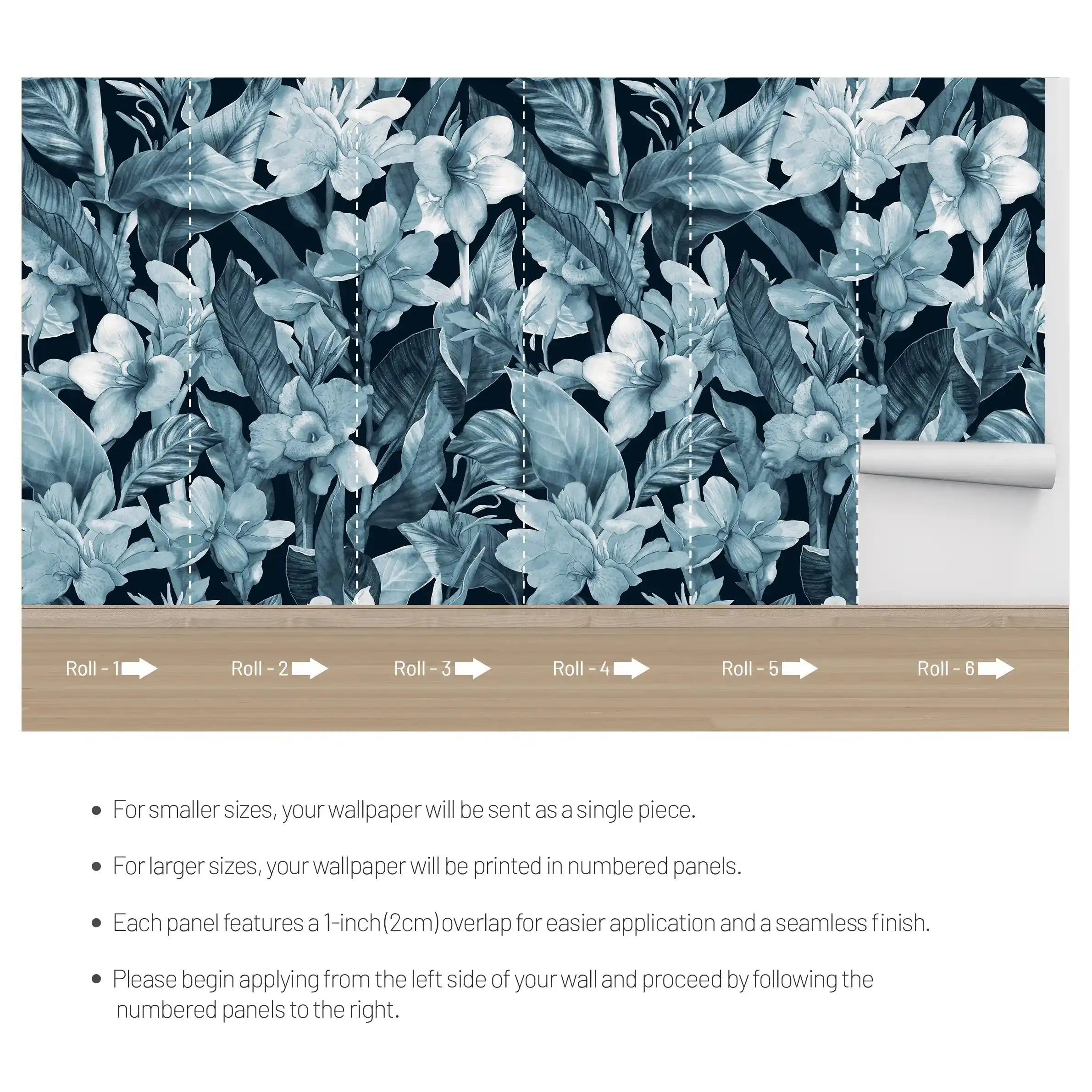 3074-B / Botanical Peel and Stick Wallpaper: Blue Floral & Black Leaf Pattern, Perfect for Accent Wall Decor - Artevella