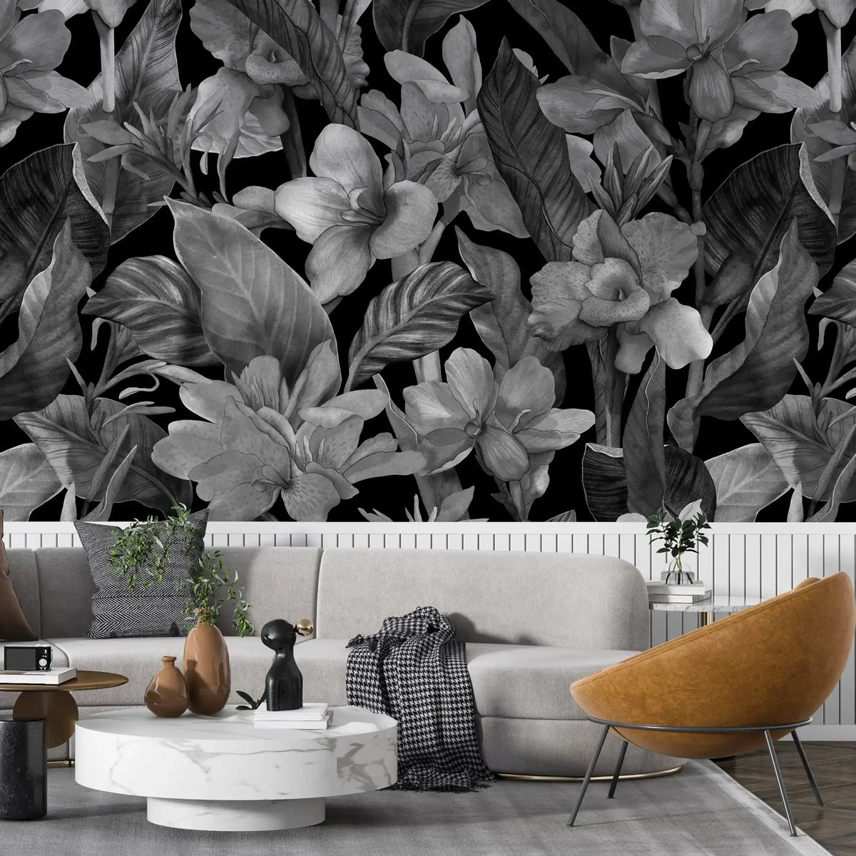 3074-E / Botanical Peel and Stick Wallpaper: Grey Floral & Black Leaf Pattern, Perfect for Accent Wall Decor - Artevella