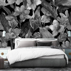 3074-E / Botanical Peel and Stick Wallpaper: Grey Floral & Black Leaf Pattern, Perfect for Accent Wall Decor - Artevella