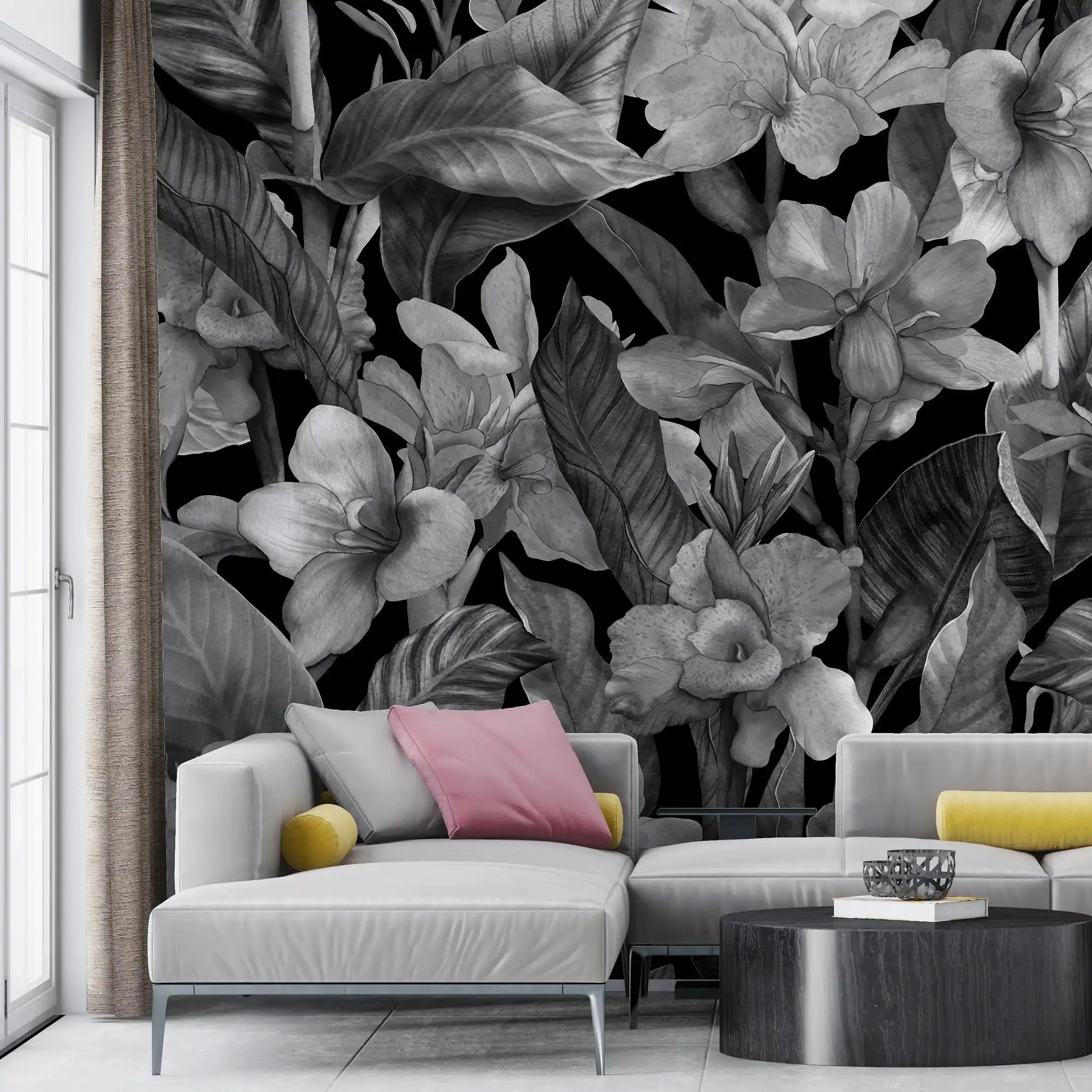 3074-E / Botanical Peel and Stick Wallpaper: Grey Floral & Black Leaf Pattern, Perfect for Accent Wall Decor - Artevella