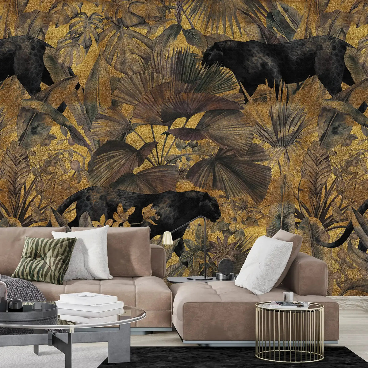 3076-A / Botanical Wallpaper with Panther Theme: Adhesive Mural for Wall Accent - Artevella