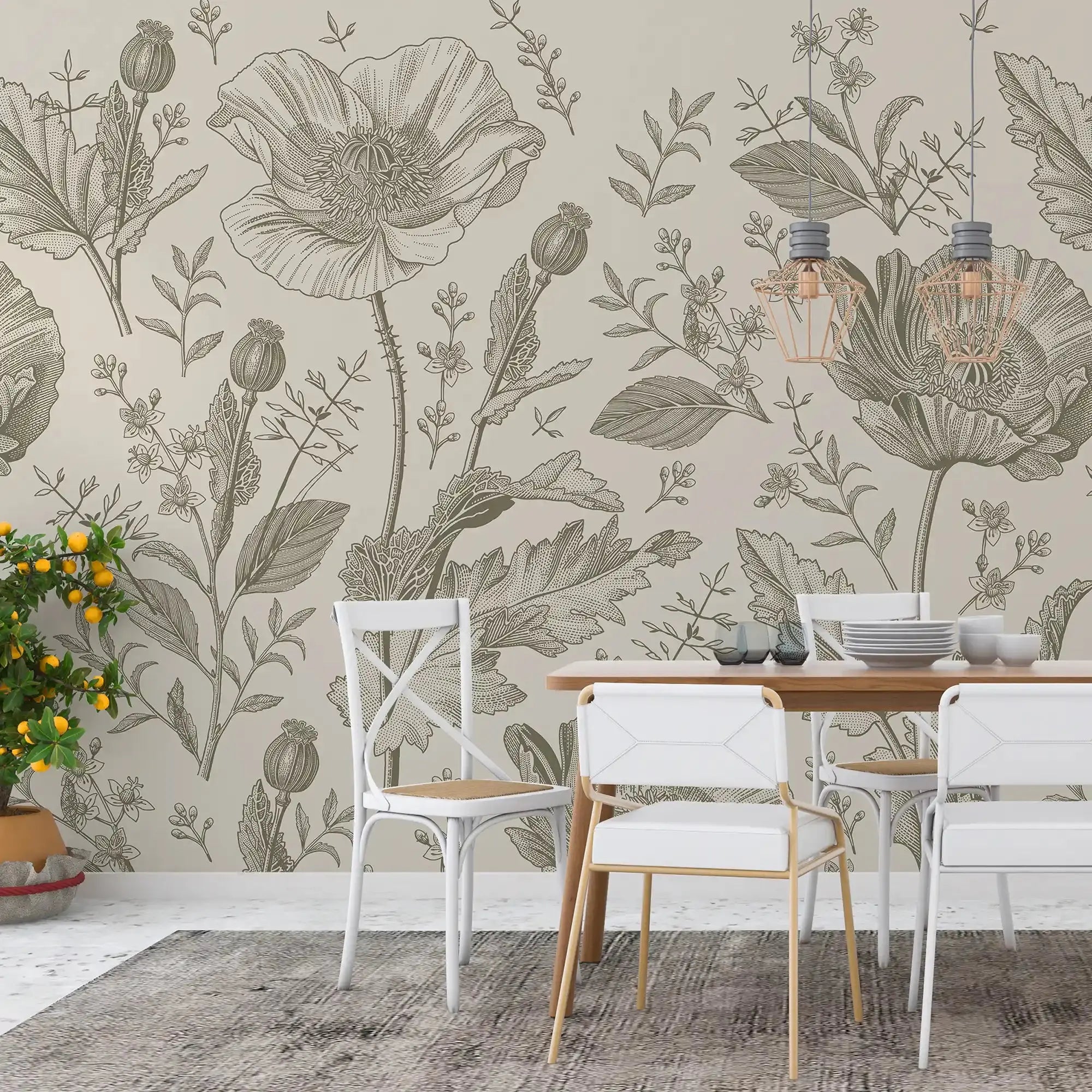 3093-A / Floral Wall Mural: Self Adhesive, Removable Wallpaper for Modern and Boho Decor - Artevella