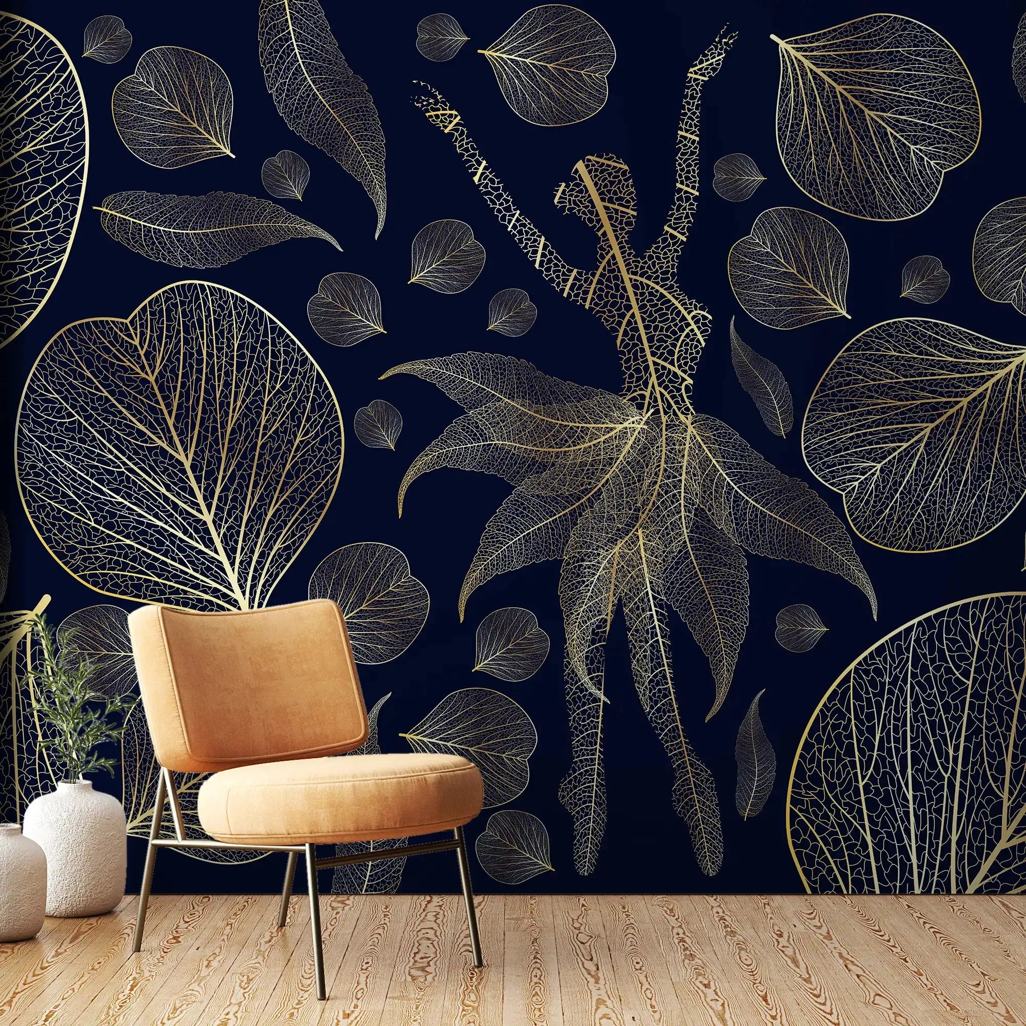 3108-A / Modern Floral Wallpaper: Gold Leaves and Flowing Patterns, Adhesive Peel and Stick for Stylish Wall Decor - Artevella