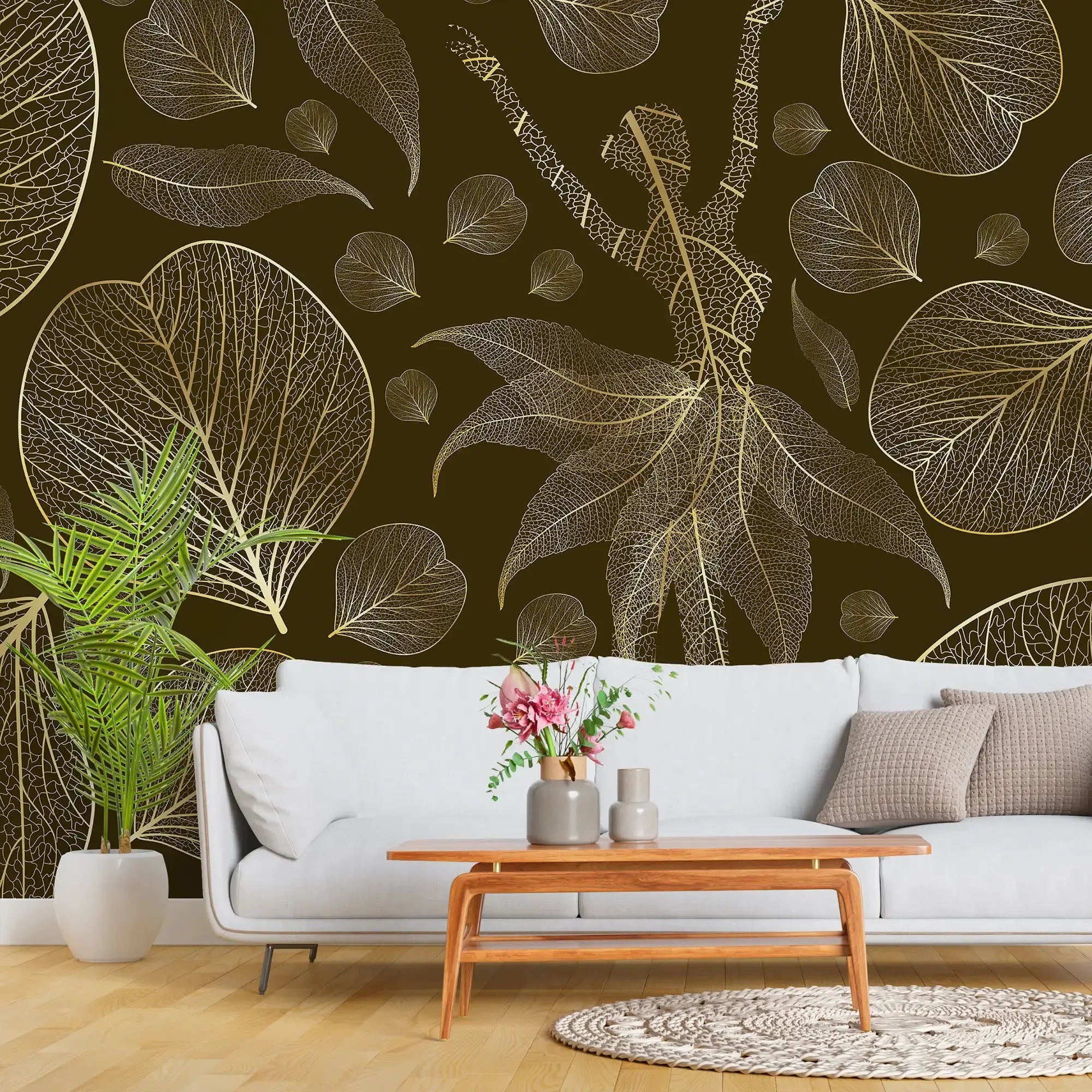 3108-B / Modern Floral Wallpaper: Gold Leaves and Flowing Patterns, Adhesive Peel and Stick for Stylish Wall Decor - Artevella