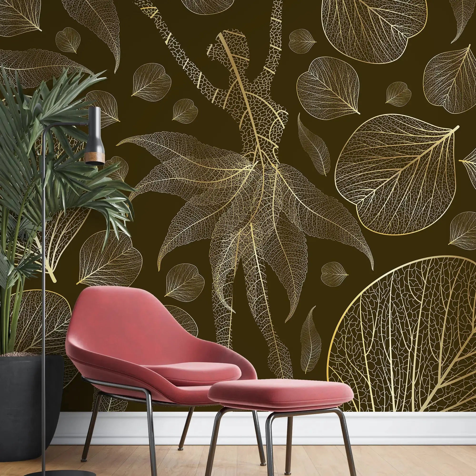 3108-B / Modern Floral Wallpaper: Gold Leaves and Flowing Patterns, Adhesive Peel and Stick for Stylish Wall Decor - Artevella