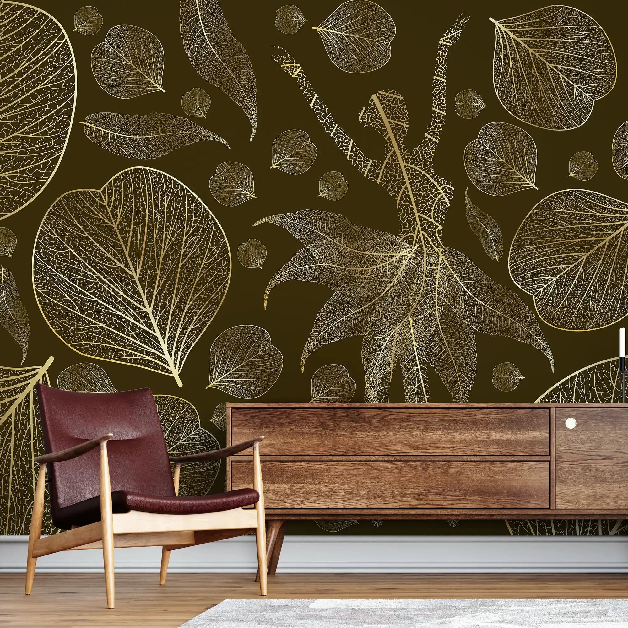 3108-B / Modern Floral Wallpaper: Gold Leaves and Flowing Patterns, Adhesive Peel and Stick for Stylish Wall Decor - Artevella