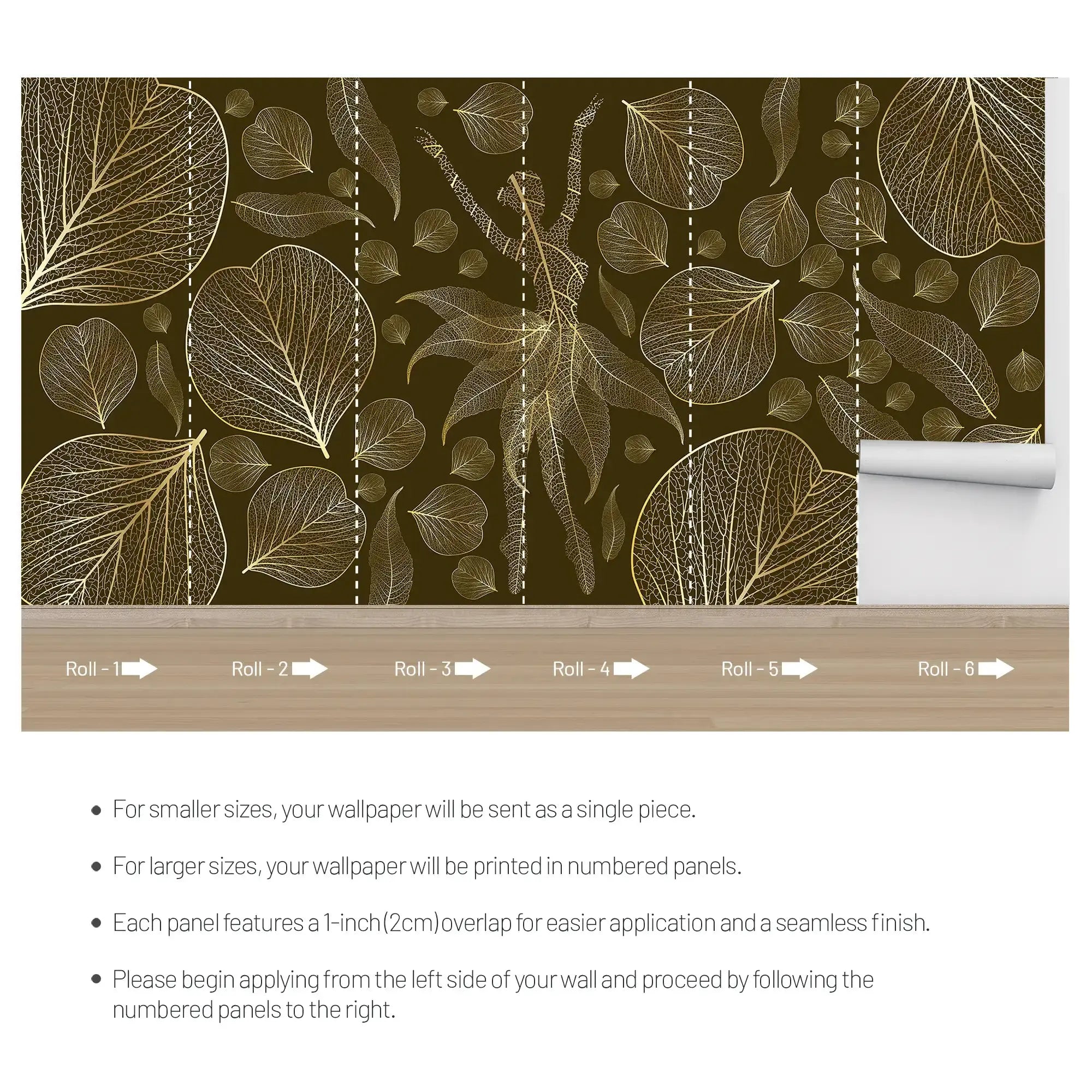 3108-B / Modern Floral Wallpaper: Gold Leaves and Flowing Patterns, Adhesive Peel and Stick for Stylish Wall Decor - Artevella