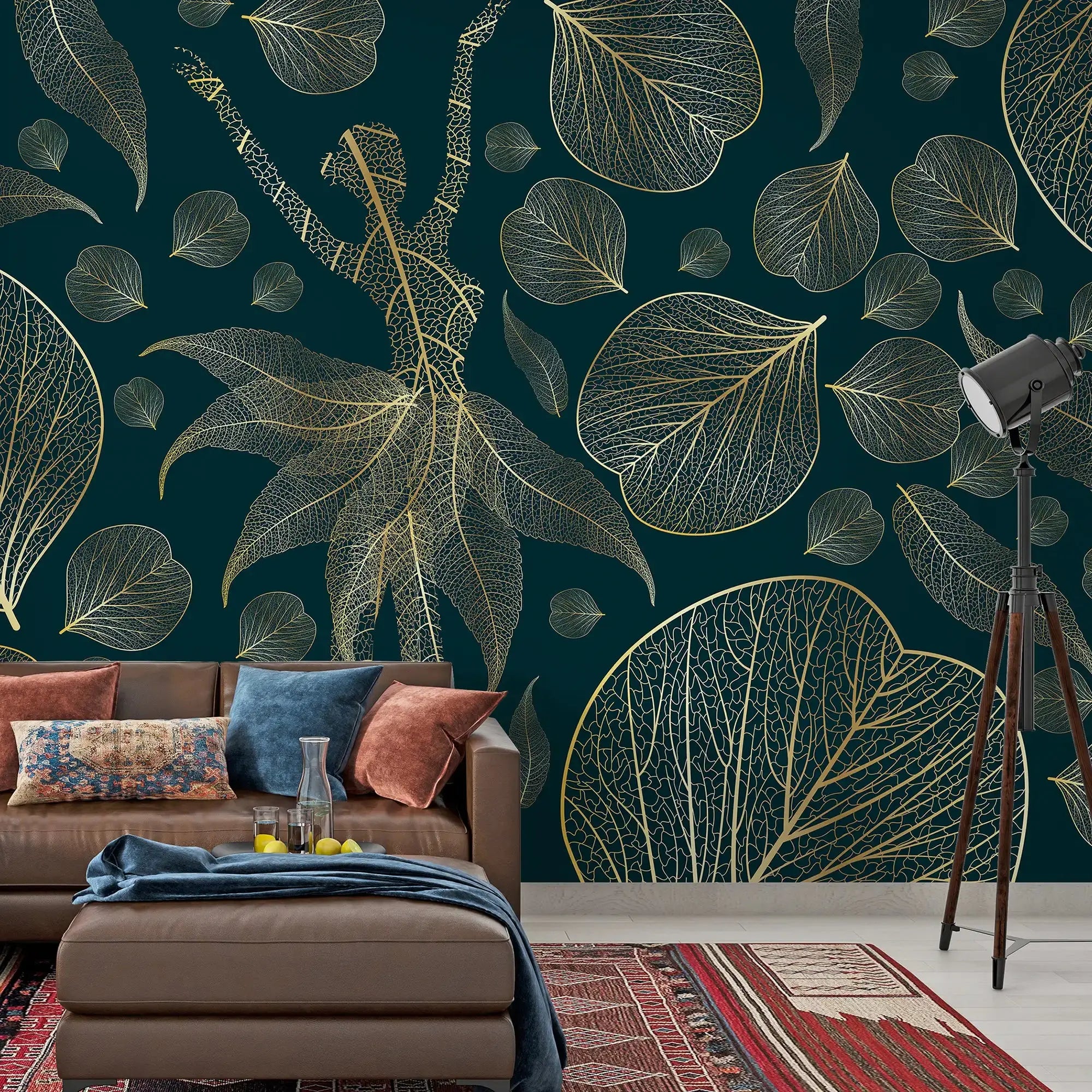 3108-D / Modern Floral Wallpaper: Gold Leaves and Flowing Patterns, Adhesive Peel and Stick for Stylish Wall Decor - Artevella