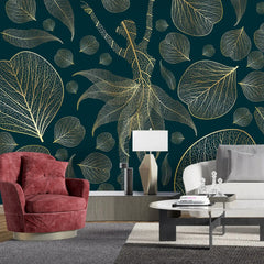 3108-D / Modern Floral Wallpaper: Gold Leaves and Flowing Patterns, Adhesive Peel and Stick for Stylish Wall Decor - Artevella