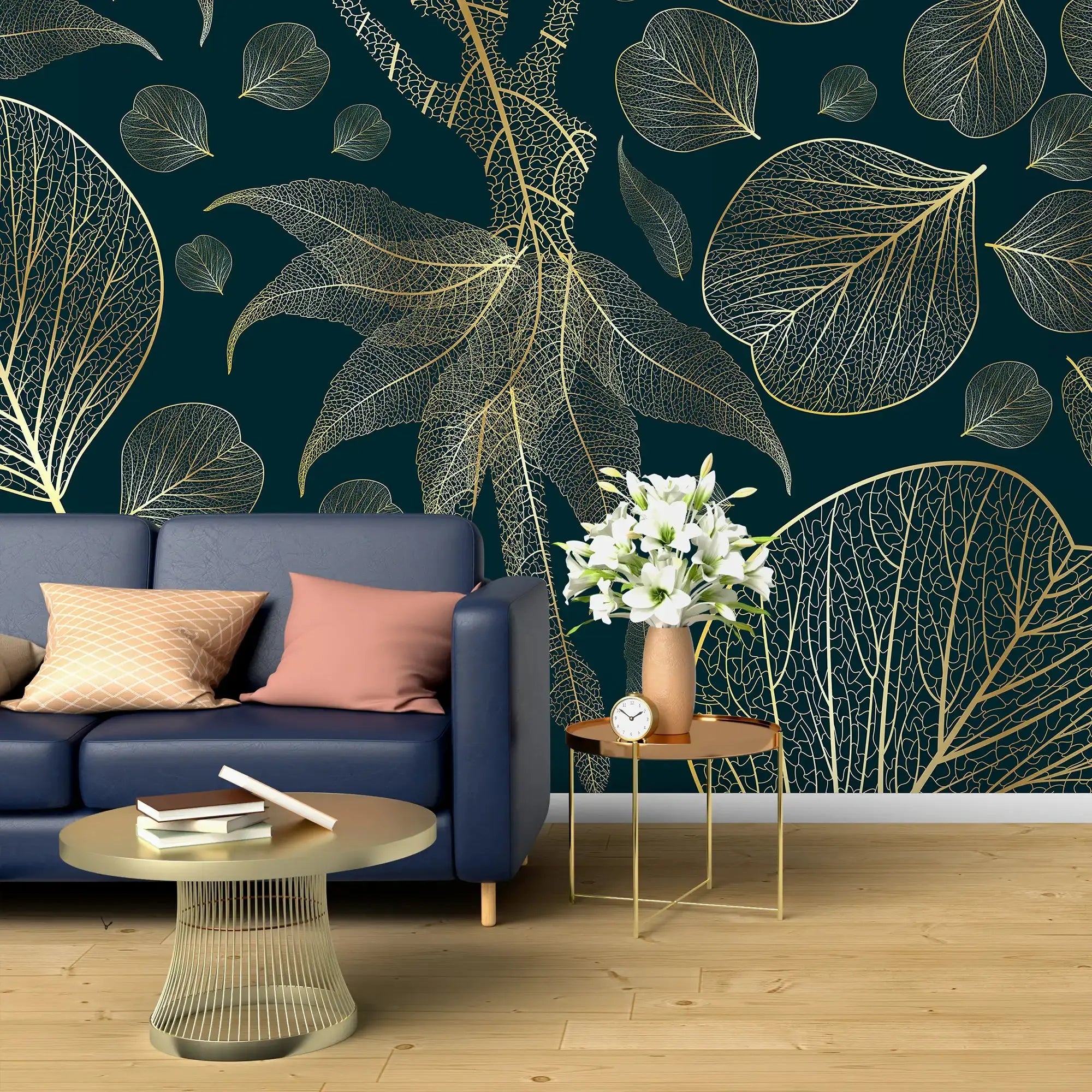 3108-D / Modern Floral Wallpaper: Gold Leaves and Flowing Patterns, Adhesive Peel and Stick for Stylish Wall Decor - Artevella