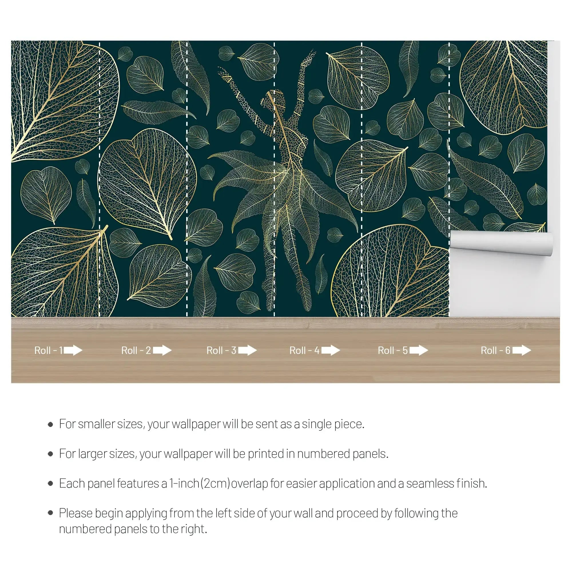 3108-D / Modern Floral Wallpaper: Gold Leaves and Flowing Patterns, Adhesive Peel and Stick for Stylish Wall Decor - Artevella