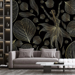 3108-E / Modern Floral Wallpaper: Gold Leaves and Flowing Patterns, Adhesive Peel and Stick for Stylish Wall Decor - Artevella