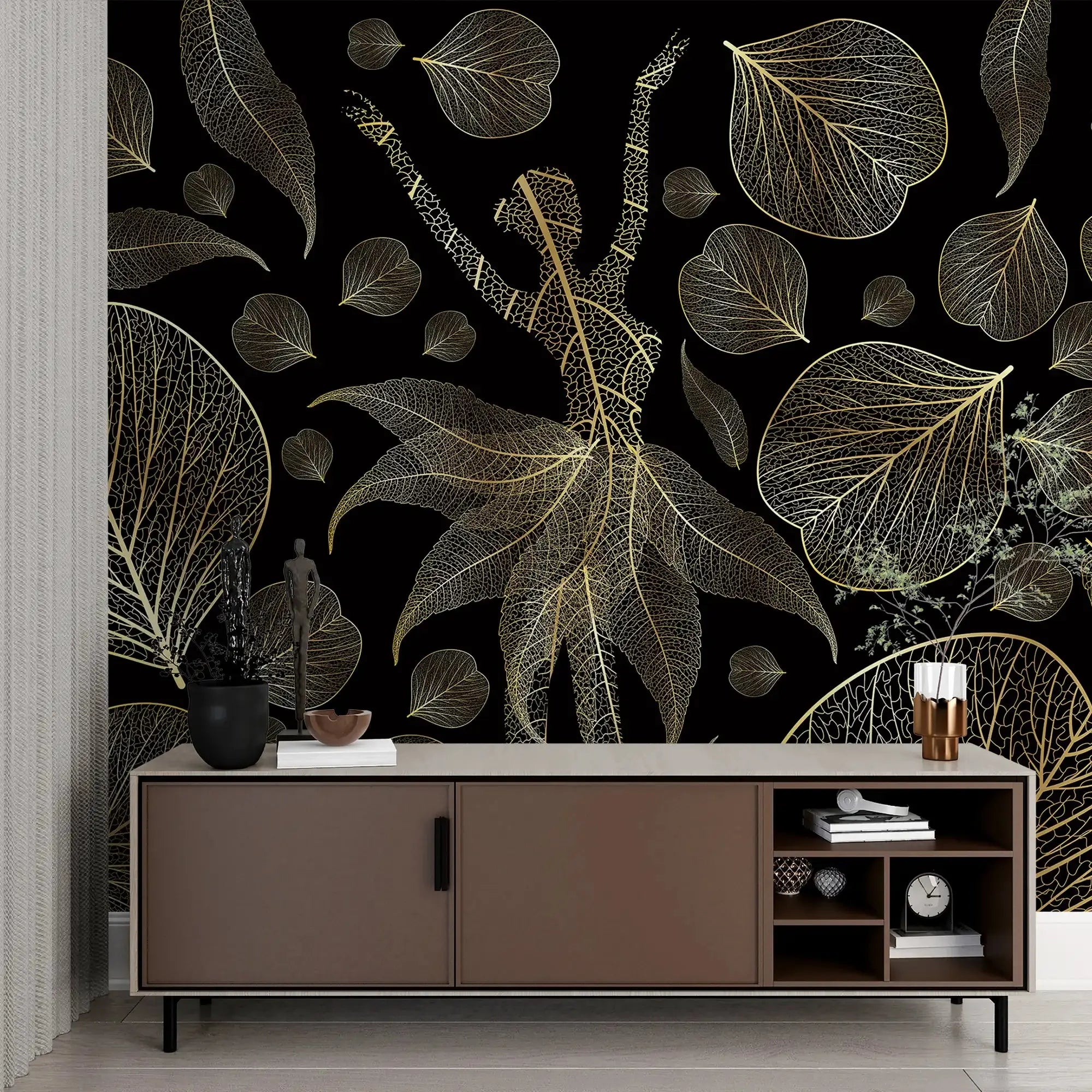 3108-E / Modern Floral Wallpaper: Gold Leaves and Flowing Patterns, Adhesive Peel and Stick for Stylish Wall Decor - Artevella