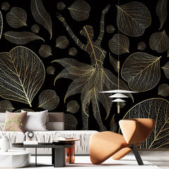 3108-E / Modern Floral Wallpaper: Gold Leaves and Flowing Patterns, Adhesive Peel and Stick for Stylish Wall Decor - Artevella