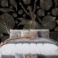 3108-E / Modern Floral Wallpaper: Gold Leaves and Flowing Patterns, Adhesive Peel and Stick for Stylish Wall Decor - Artevella