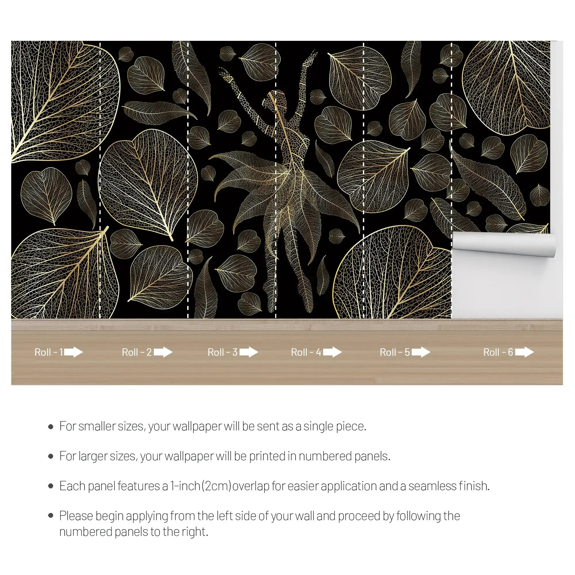 3108-E / Modern Floral Wallpaper: Gold Leaves and Flowing Patterns, Adhesive Peel and Stick for Stylish Wall Decor - Artevella