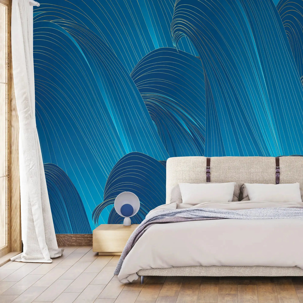 3109-A / Blue Wavy Lines Wallpaper: Modern and Contemporary Wall Decor, Blue Waves Abstract Peel and Stick Wallpaper - Artevella