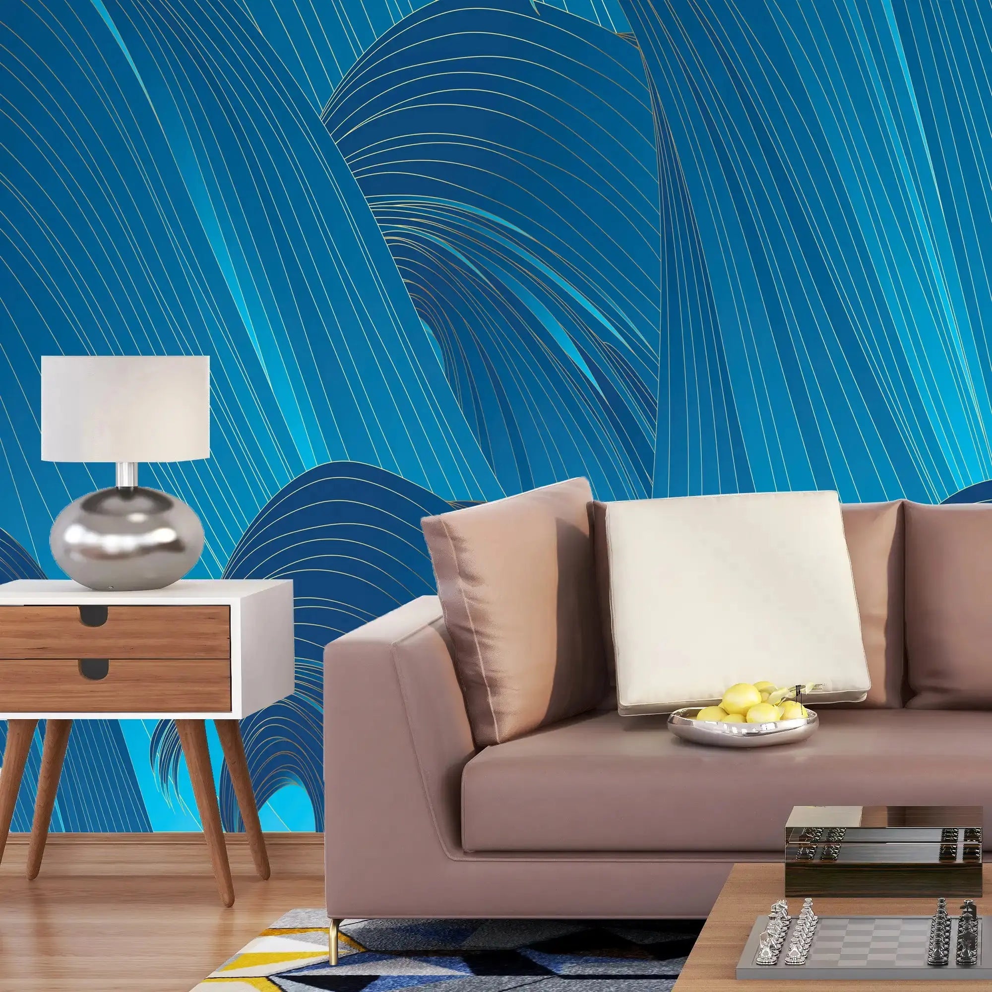 3109-A / Blue Wavy Lines Wallpaper: Modern and Contemporary Wall Decor, Blue Waves Abstract Peel and Stick Wallpaper - Artevella