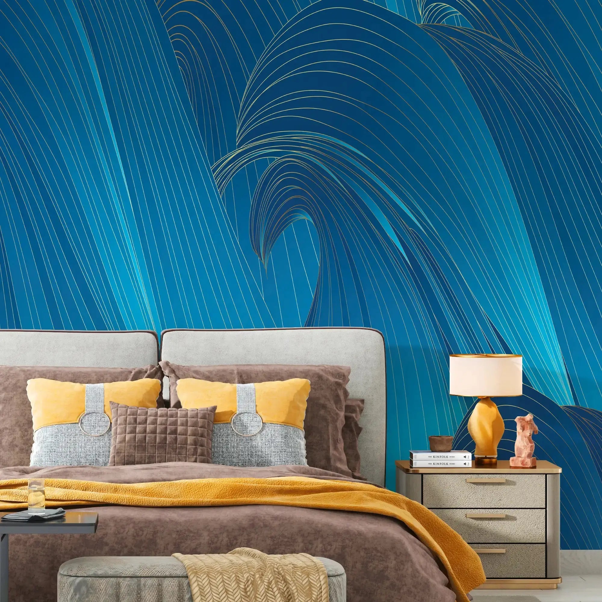 3109-A / Blue Wavy Lines Wallpaper: Modern and Contemporary Wall Decor, Blue Waves Abstract Peel and Stick Wallpaper - Artevella