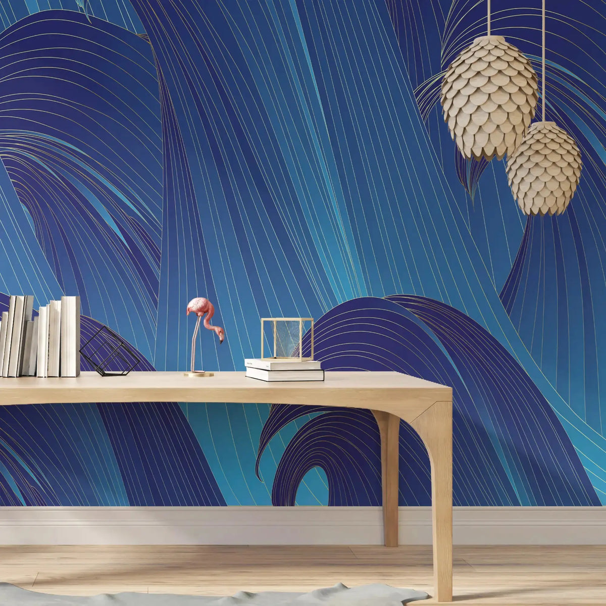 3109-B / Blue Wavy Lines Wallpaper: Modern and Contemporary Wall Decor, Blue Waves Abstract Peel and Stick Wallpaper - Artevella