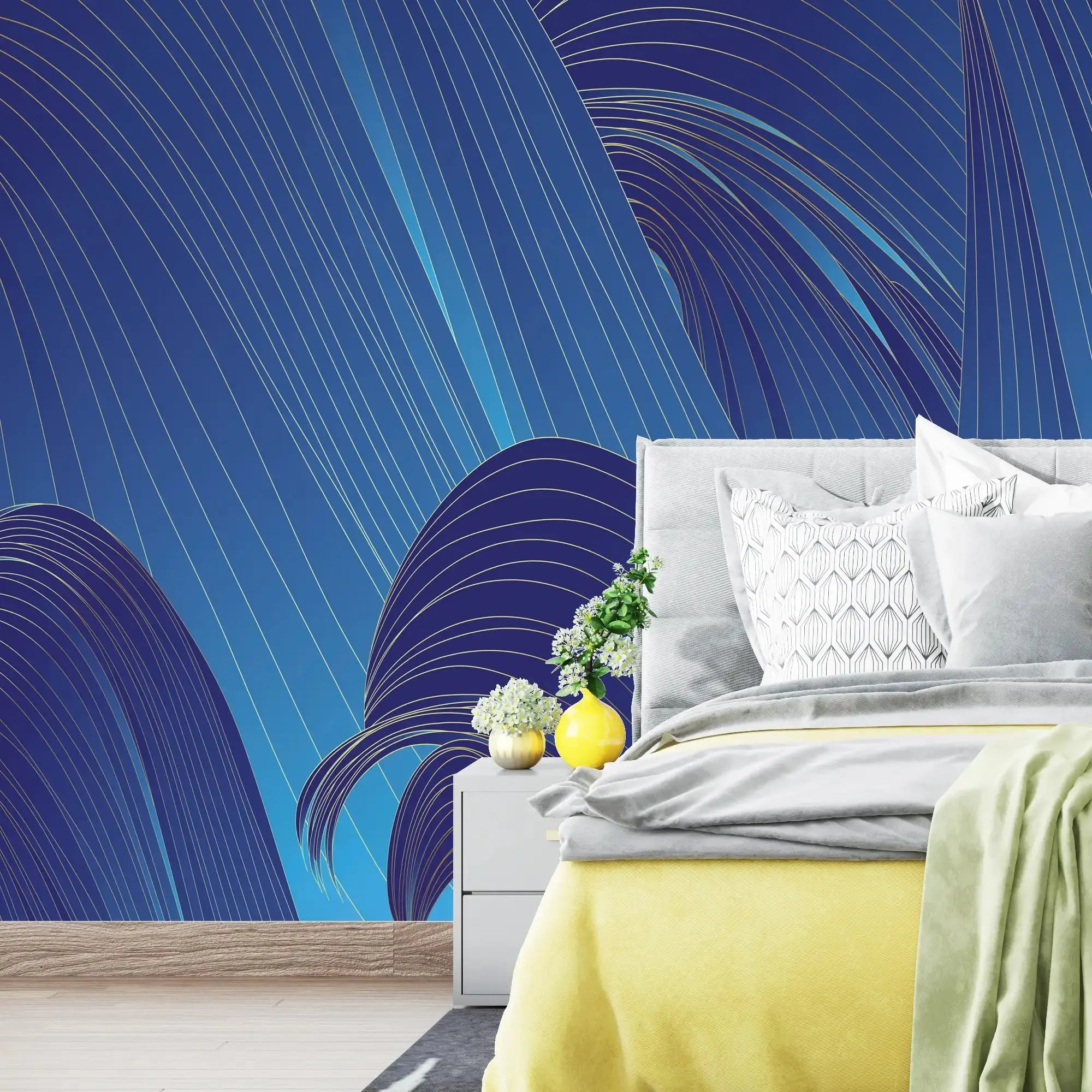 3109-B / Blue Wavy Lines Wallpaper: Modern and Contemporary Wall Decor, Blue Waves Abstract Peel and Stick Wallpaper - Artevella