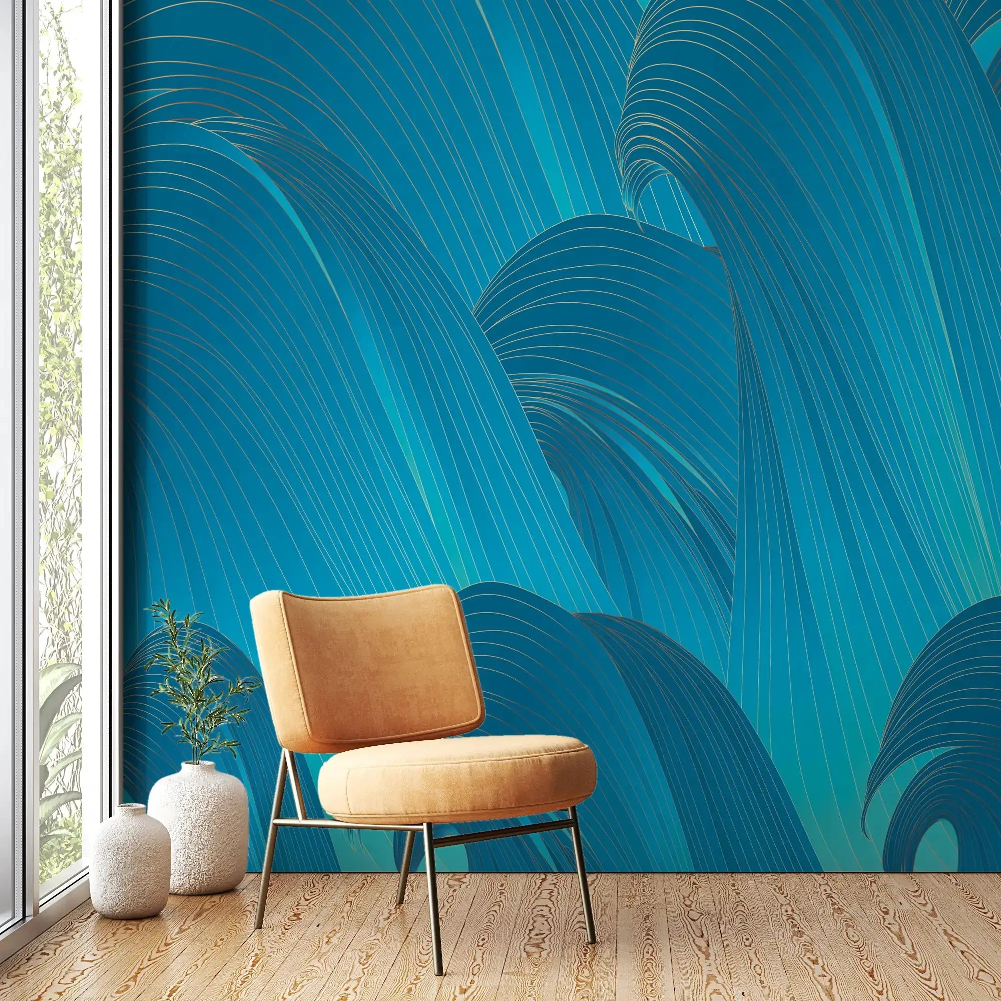 3109-C / Blue Wavy Lines Wallpaper: Modern and Contemporary Wall Decor, Blue Waves Abstract Peel and Stick Wallpaper - Artevella