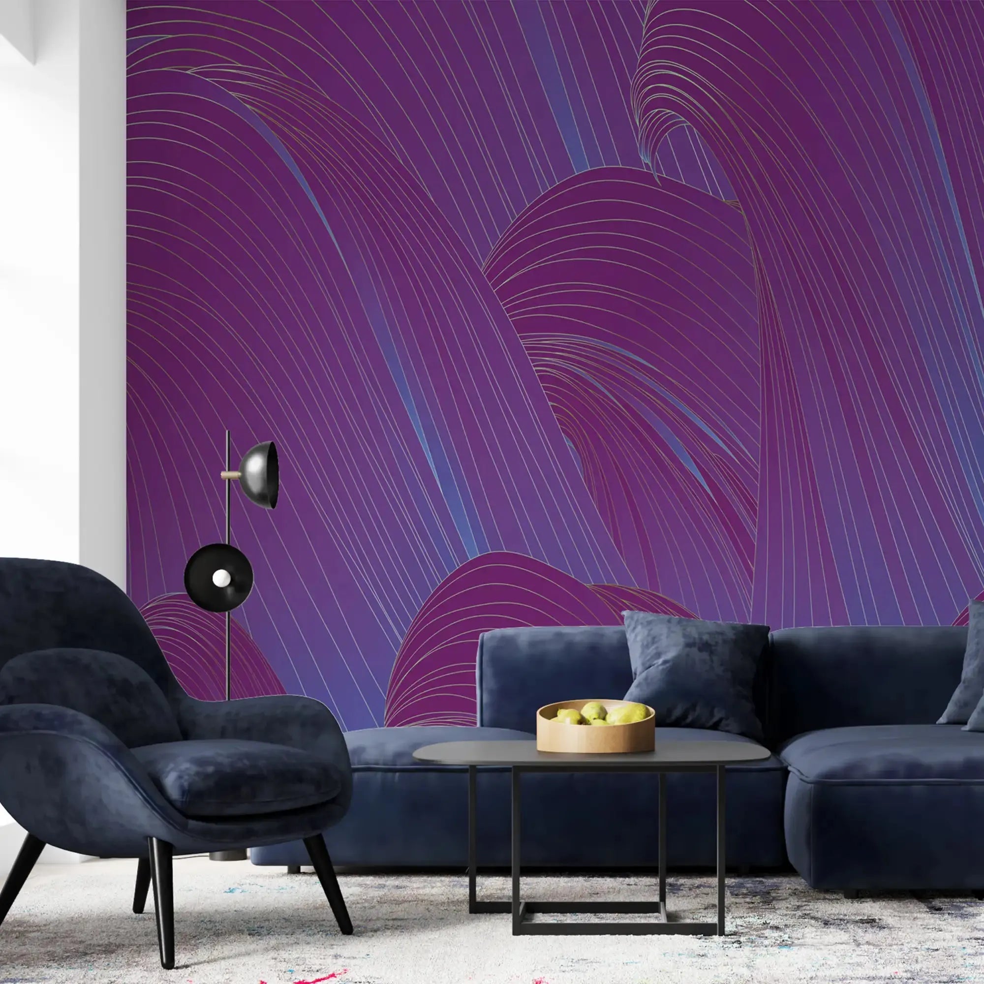 3109-F / Blue Wavy Lines Wallpaper: Modern and Contemporary Wall Decor, Blue Waves Abstract Peel and Stick Wallpaper - Artevella