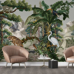 3129-B / Botanical Jungle Scene Wallpaper, Jungle Adventure: Peel and Stick Wallpaper, Exotic Jungle Animals Wall Decor - Temporary Wallpaper for Renters, Easy Peel Off - Artevella