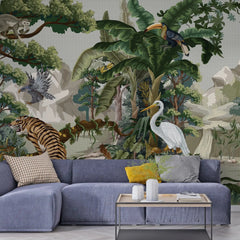 3129-B / Botanical Jungle Scene Wallpaper, Jungle Adventure: Peel and Stick Wallpaper, Exotic Jungle Animals Wall Decor - Temporary Wallpaper for Renters, Easy Peel Off - Artevella