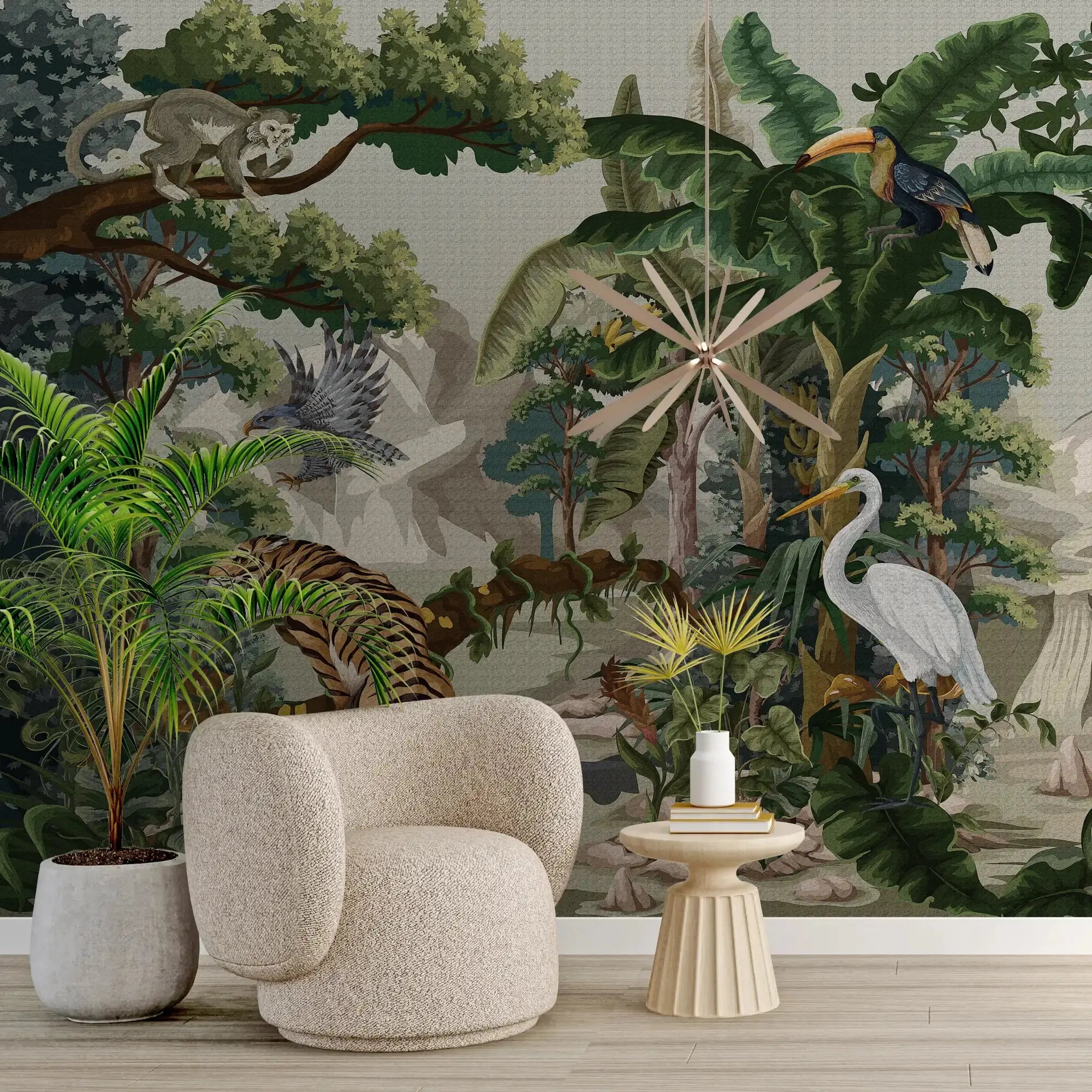 3129-B / Botanical Jungle Scene Wallpaper, Jungle Adventure: Peel and Stick Wallpaper, Exotic Jungle Animals Wall Decor - Temporary Wallpaper for Renters, Easy Peel Off - Artevella