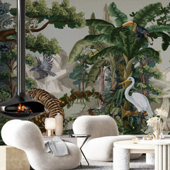 3129-B / Botanical Jungle Scene Wallpaper, Jungle Adventure: Peel and Stick Wallpaper, Exotic Jungle Animals Wall Decor - Temporary Wallpaper for Renters, Easy Peel Off - Artevella