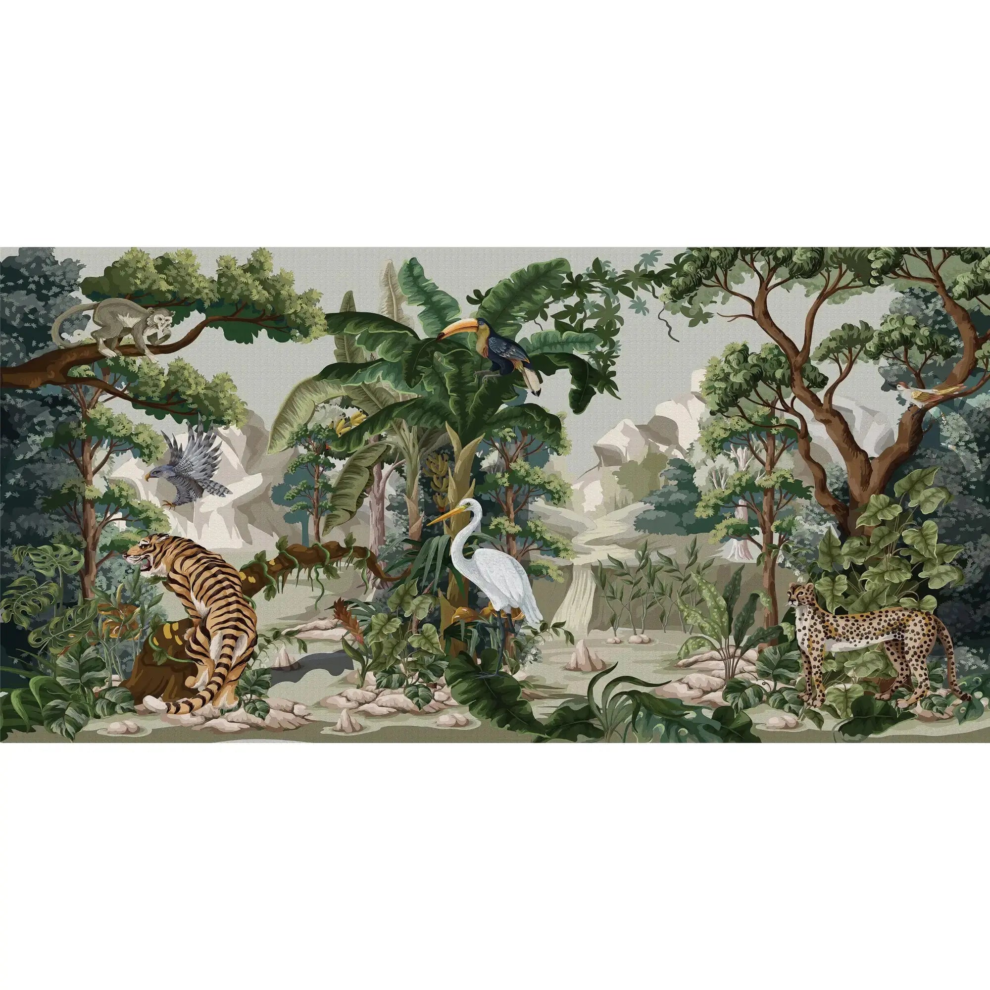 3129-B / Botanical Jungle Scene Wallpaper, Jungle Adventure: Peel and Stick Wallpaper, Exotic Jungle Animals Wall Decor - Temporary Wallpaper for Renters, Easy Peel Off - Artevella