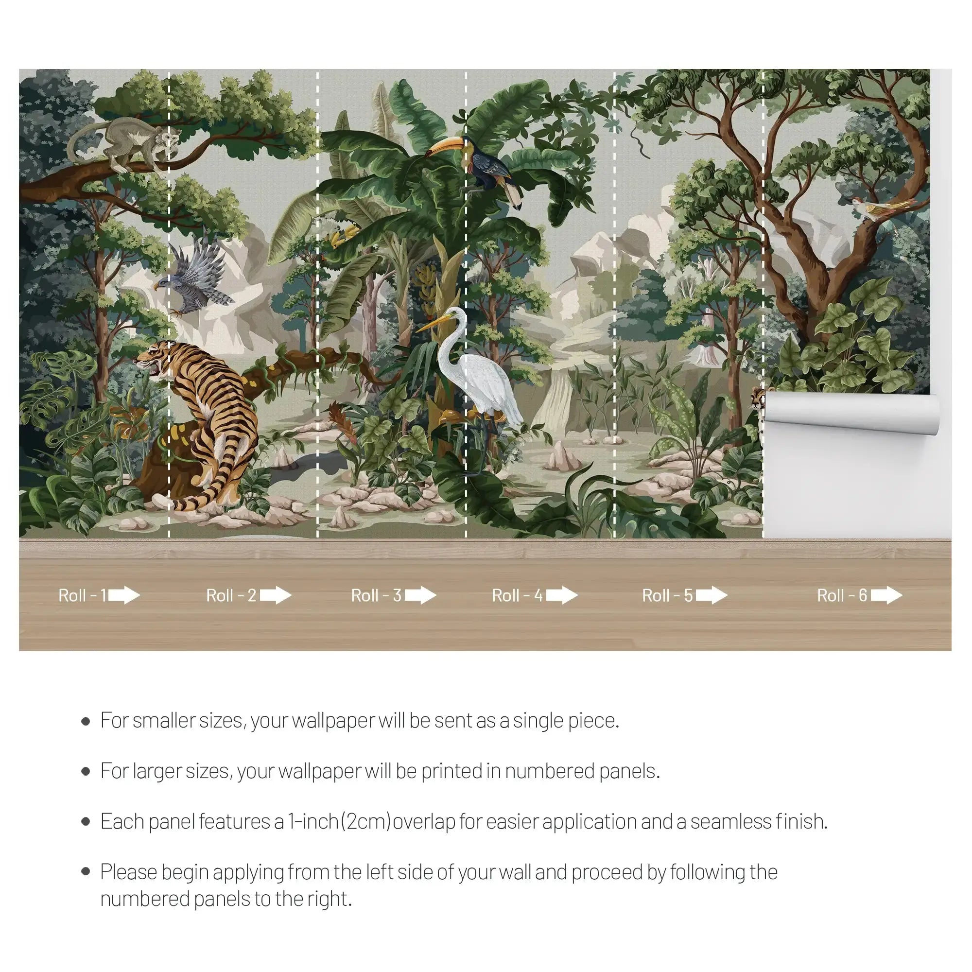 3129-B / Botanical Jungle Scene Wallpaper, Jungle Adventure: Peel and Stick Wallpaper, Exotic Jungle Animals Wall Decor - Temporary Wallpaper for Renters, Easy Peel Off - Artevella