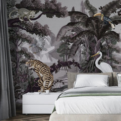 3129-D / Botanical Jungle Scene Wallpaper, Jungle Adventure: Peel and Stick Wallpaper, Exotic Jungle Animals Wall Decor - Temporary Wallpaper for Renters, Easy Peel Off - Artevella