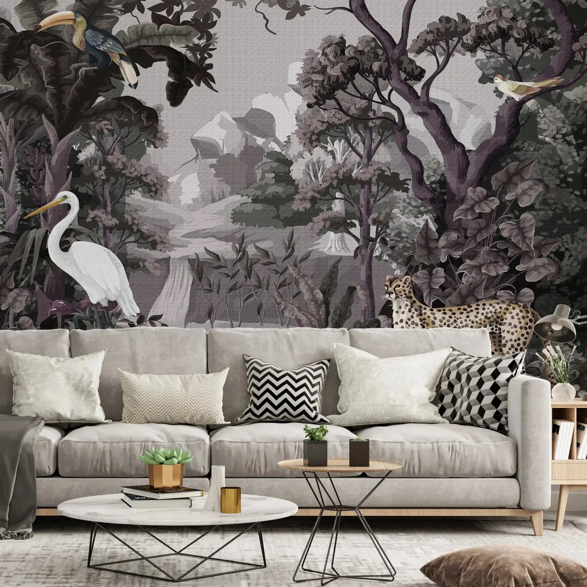 3129-D / Botanical Jungle Scene Wallpaper, Jungle Adventure: Peel and Stick Wallpaper, Exotic Jungle Animals Wall Decor - Temporary Wallpaper for Renters, Easy Peel Off - Artevella