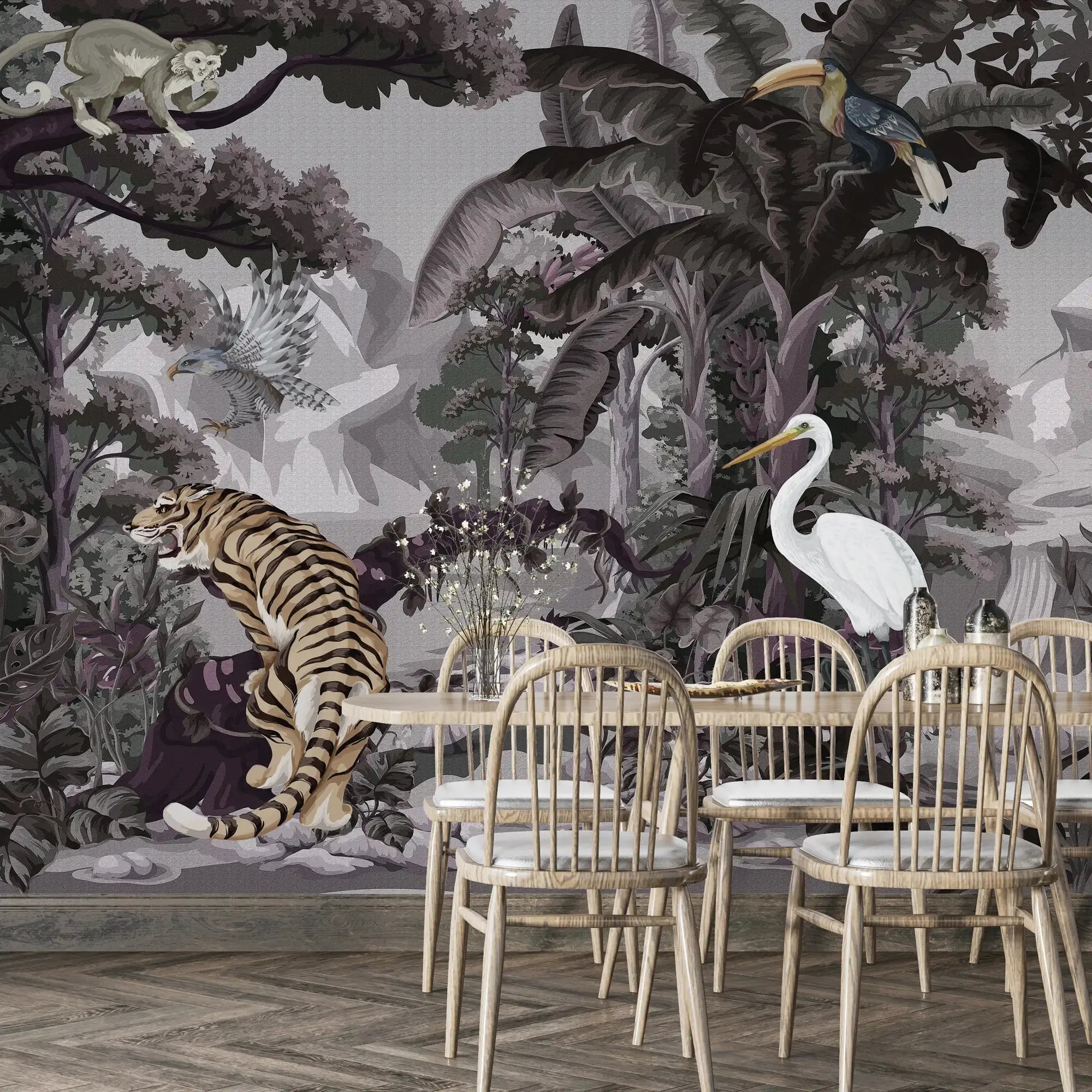 3129-D / Botanical Jungle Scene Wallpaper, Jungle Adventure: Peel and Stick Wallpaper, Exotic Jungle Animals Wall Decor - Temporary Wallpaper for Renters, Easy Peel Off - Artevella