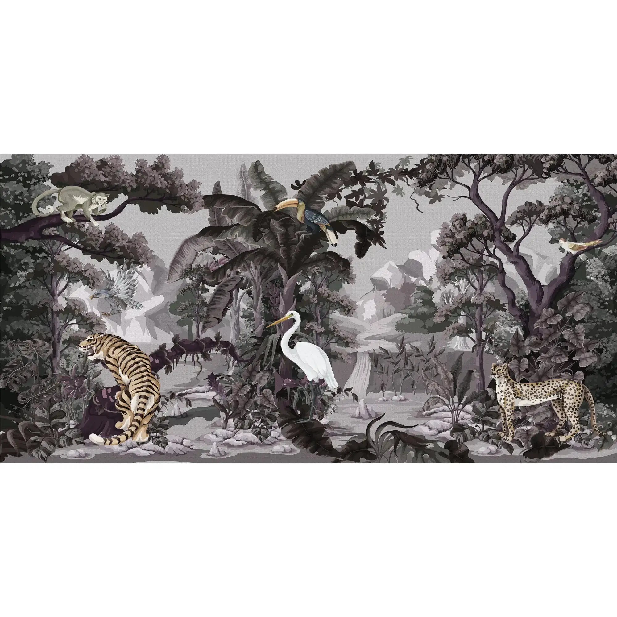 3129-D / Botanical Jungle Scene Wallpaper, Jungle Adventure: Peel and Stick Wallpaper, Exotic Jungle Animals Wall Decor - Temporary Wallpaper for Renters, Easy Peel Off - Artevella