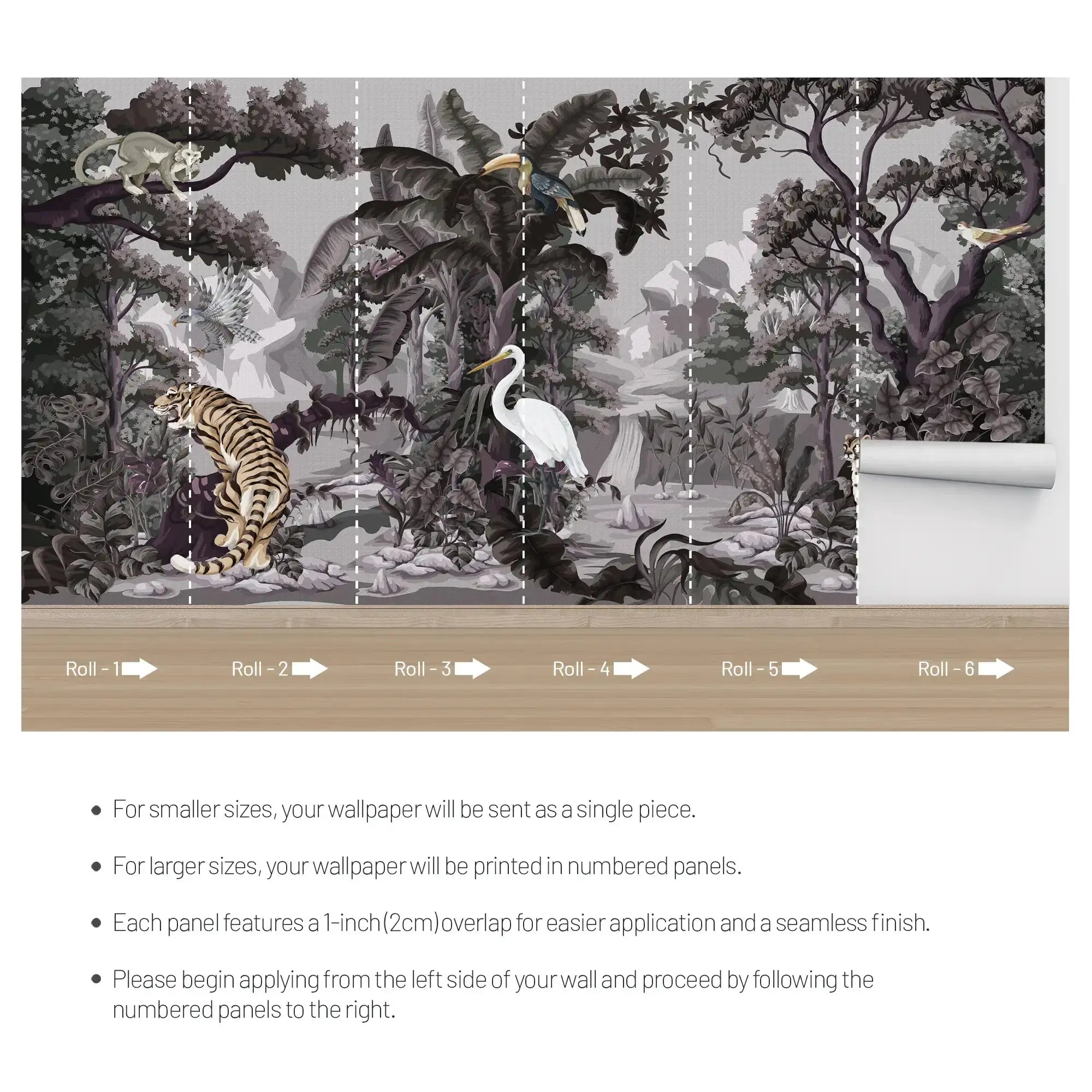 3129-D / Botanical Jungle Scene Wallpaper, Jungle Adventure: Peel and Stick Wallpaper, Exotic Jungle Animals Wall Decor - Temporary Wallpaper for Renters, Easy Peel Off - Artevella