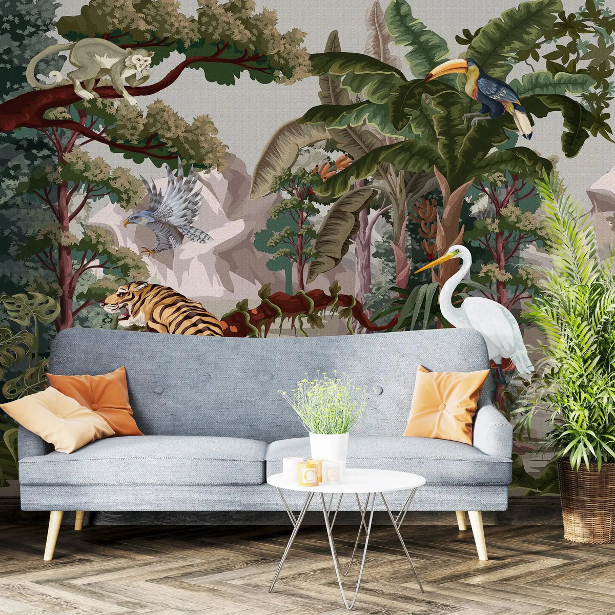 3129-E / Botanical Jungle Scene Wallpaper, Jungle Adventure: Peel and Stick Wallpaper, Exotic Jungle Animals Wall Decor - Temporary Wallpaper for Renters, Easy Peel Off - Artevella