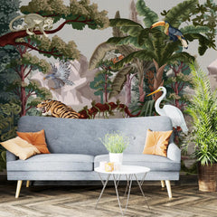 3129-E / Botanical Jungle Scene Wallpaper, Jungle Adventure: Peel and Stick Wallpaper, Exotic Jungle Animals Wall Decor - Temporary Wallpaper for Renters, Easy Peel Off - Artevella