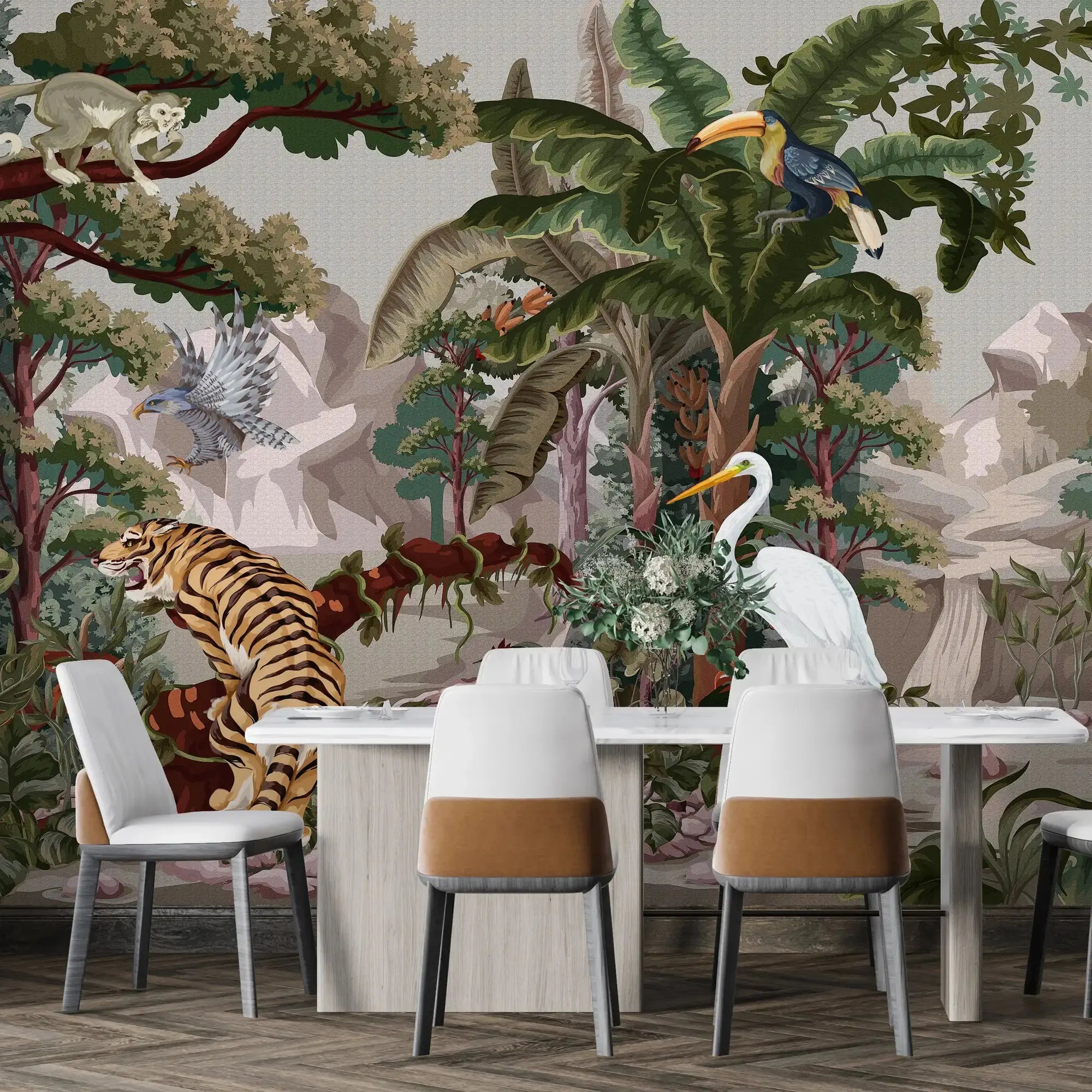 3129-E / Botanical Jungle Scene Wallpaper, Jungle Adventure: Peel and Stick Wallpaper, Exotic Jungle Animals Wall Decor - Temporary Wallpaper for Renters, Easy Peel Off - Artevella